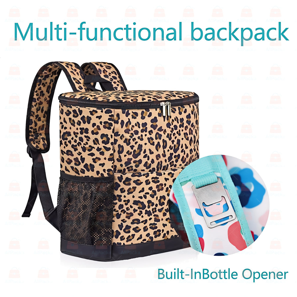 Insulated Cooler Backpack 30-Can Leopard Print Nylon Portable Cooler Bag with Mesh Pockets Adjustable Straps for Beach Camping Picnic Outdoor Travel Daily Use