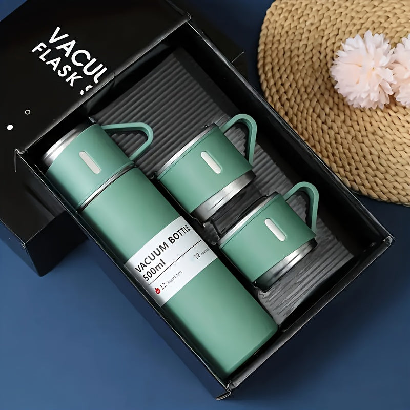 Stainless Steel Water Bottle & Cups Gift Set 4pcs - 1L Bottle + 3 Small Cups, Triple Lids for Hot & Cold Drinks, 304 Food-Grade Steel for Camping, Office & Travel (5 Colors)