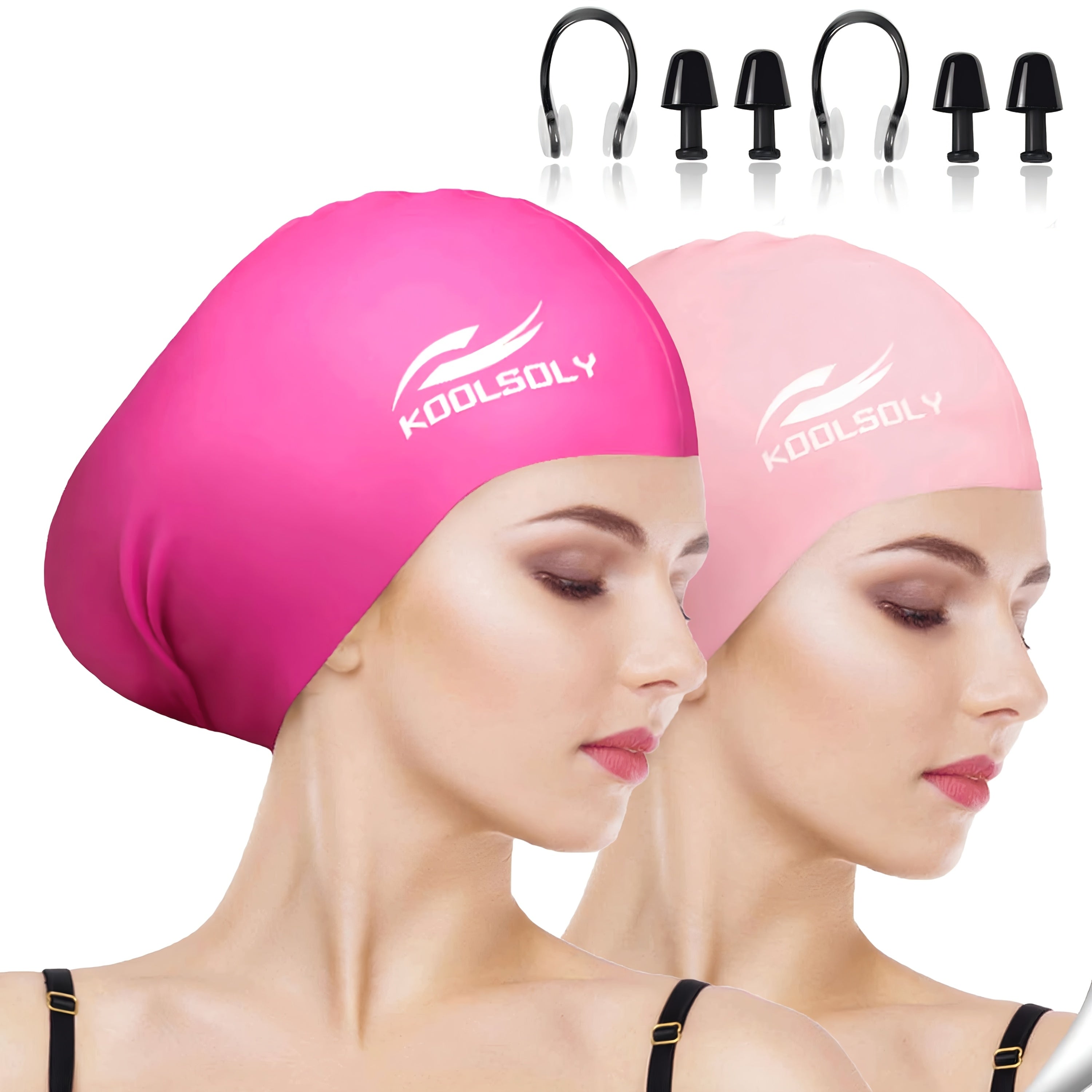 Silicone Swimming Cap 2-Pack with Ear Protection for Long Hair – Includes Earplugs & Nose Clip – Waterproof Swim Cap Set for Women Men Adults Pool Beach Lap Swimming Multiple Color Combos