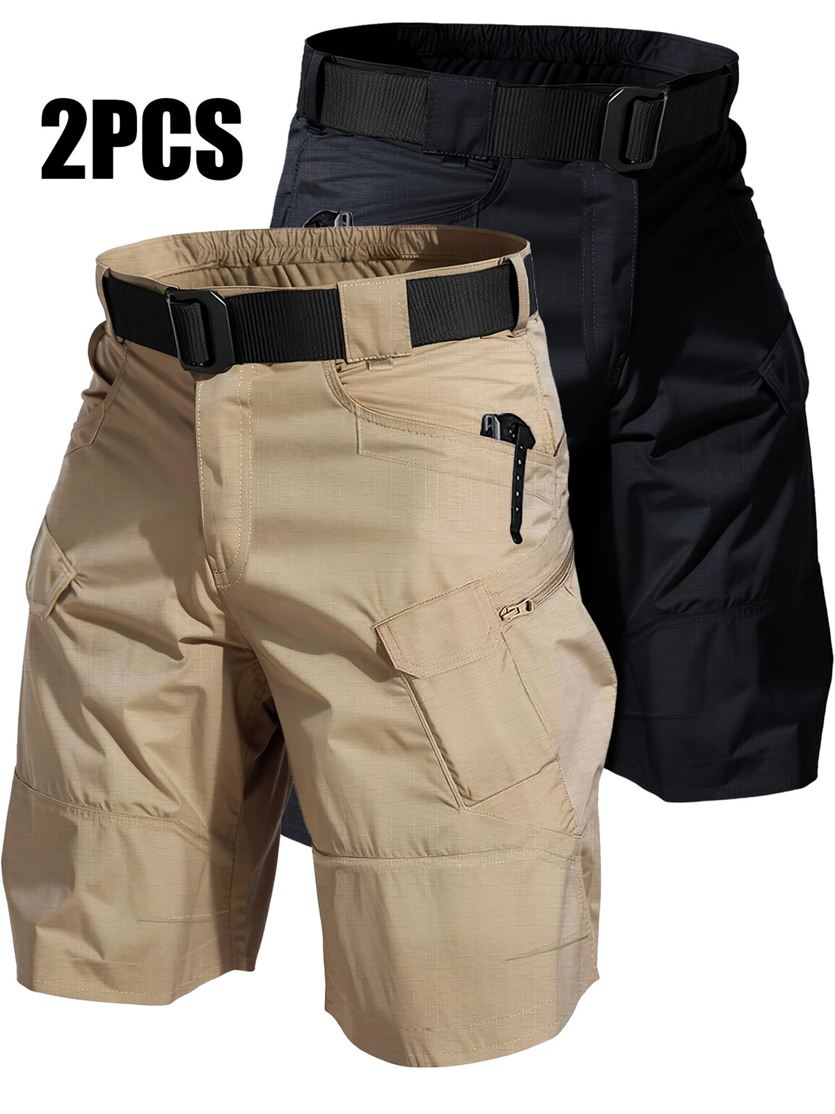 Cargo Shorts for Men 2 Pack – Multi-Pocket 100% Polyester Regular Fit Outdoor Hiking Work Casual Shorts S-XXXL (Black, Gray, Khaki, Army Green)