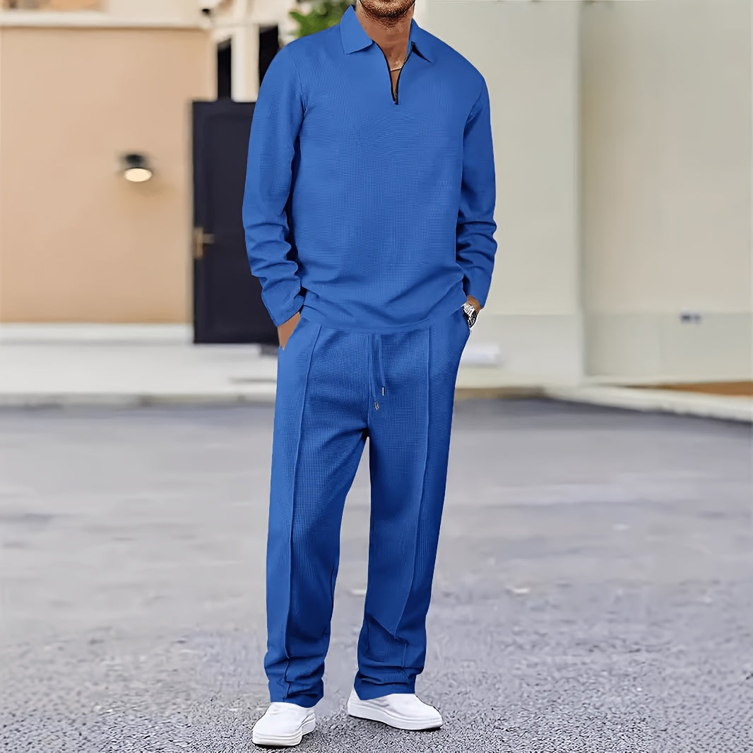 Men's Waffle Knit 2-Piece Set Long Sleeve & Jogger Pants – Breathable Matching Tracksuit for Gym, Casual & Outdoor Wear, Sizes M-XXXL, 4 Colors