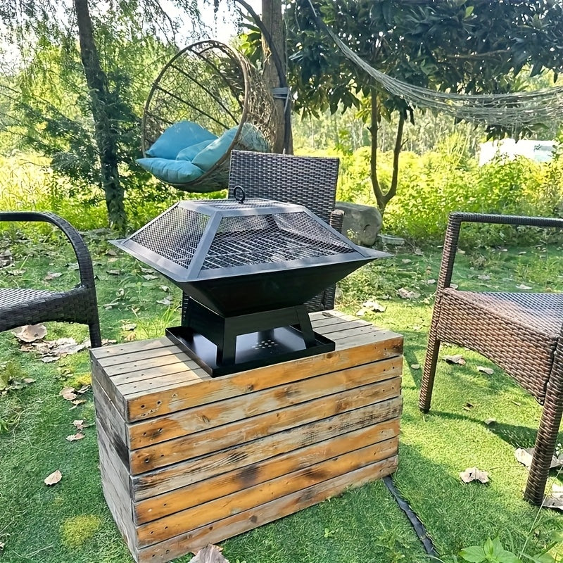 18.5 Inch Outdoor Fire Pit Heavy Duty Iron BBQ Grill with Combustion Grate, Ash Collector, Fireproof Cover & Charcoal Hook - Backyard Wood Burning Fire Bowl for Camping, Picnics, Patio, Thanksgiving
