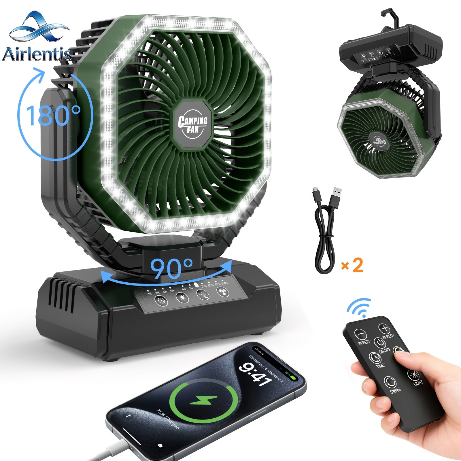 20000mAh Portable Camping Fan 180° Oscillating 4-Speed Brushless Motor LED Light 22-26H Battery USB Rechargeable for Camping Hiking Picnic Emergency Gray Pink Green Black Orange