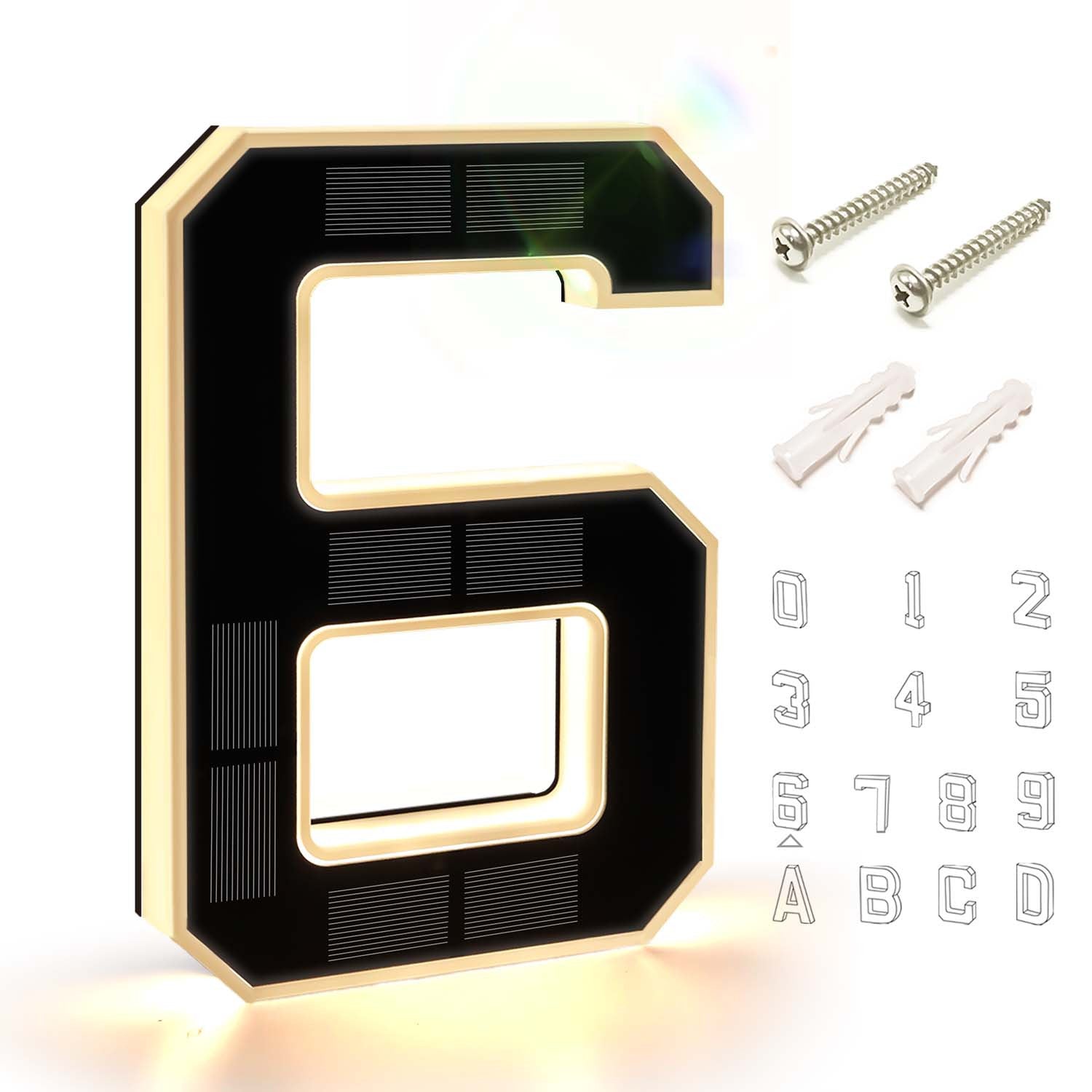 9 Inch Solar Lighted House Numbers for Outside - IP44 Waterproof, Auto Light Sensor, 9hr Illumination, Modern Exterior Address Sign, Numbers 0-9 & Letters A-D