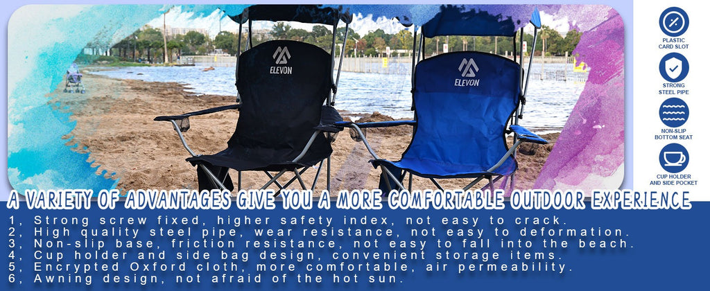 Folding Camping Chair with Canopy Sunshade Portable Beach Chair – 225 lbs Support Wide Seat Cup Holder Carrying Bag for Outdoor Lawn