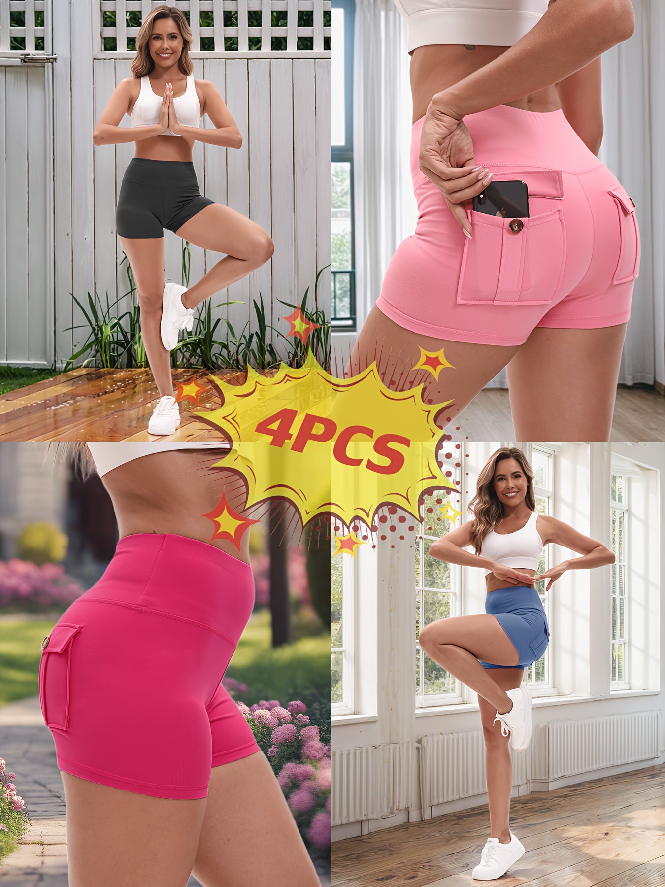 Women's 4-Pack Workout Shorts Set - Cargo & Yoga Shorts with Hip Lifting Shaping, High-Stretch Elastic Waist, Quick-Dry Fabric, Pockets, S-XXL Activewear Bundle