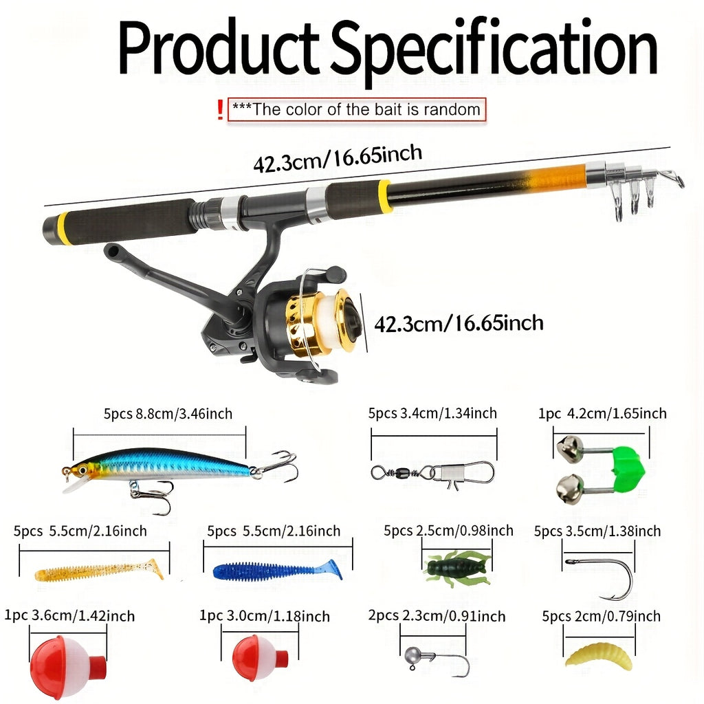 Fishing Rod and Reel Combo Beginner Starter Kit Telescopic Spinning Rod with Hard Soft Baits Accessories Box Bag Ambidextrous 70-83 Inch