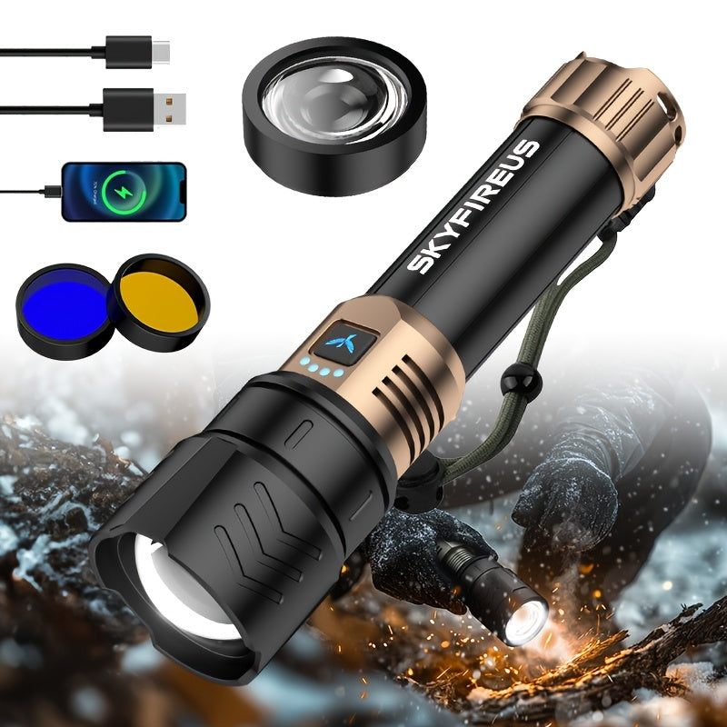 LED Flashlight 5000+ Lumen Super Bright Rechargeable with Ignition Lens Adjustable Focus 4 Modes for Camping Outdoor Farm Emergency Family Use