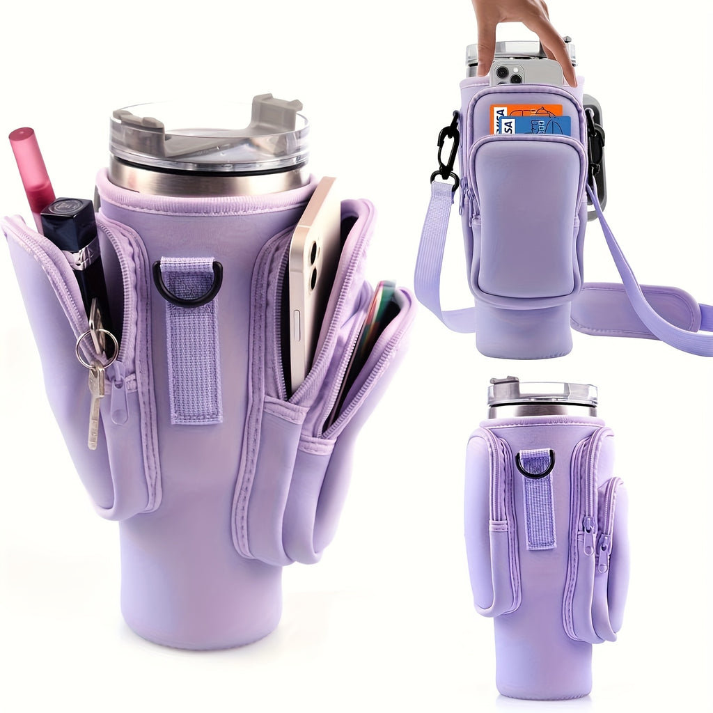 Water Bottle Carrier Bag with Silicone Sleeve 3 Pockets Large Capacity Fits 40oz 30oz Stanley Tumbler Outdoor Pouch for Camping Hiking Travel Men Women