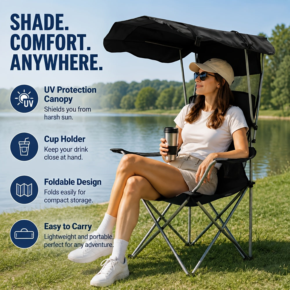 Foldable Camping Chair with Rotating Canopy & Cup Holder – 600D Oxford Cloth Outdoor Chair with Carry Bag for Beach, Picnic, Fishing, Sports Events & Backyard