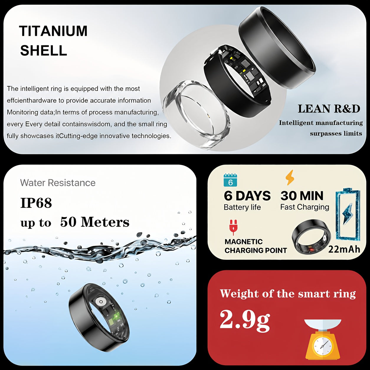 Smart Ring Fitness Tracker Waterproof for Men Women – Sleep Tracking, Pedometer, Calories & Exercise Tracking, Compatible with iPhone Android, Sizes #7-#13, Black Rose Gold Silver