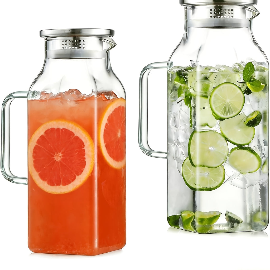 Glass Pitcher with Lid 68oz 2 Pack Square Borosilicate Glass Water Pitcher with Handle Classic Stripes Carafe for Fridge Iced Tea Coffee Cold Hot Brew Large Jug