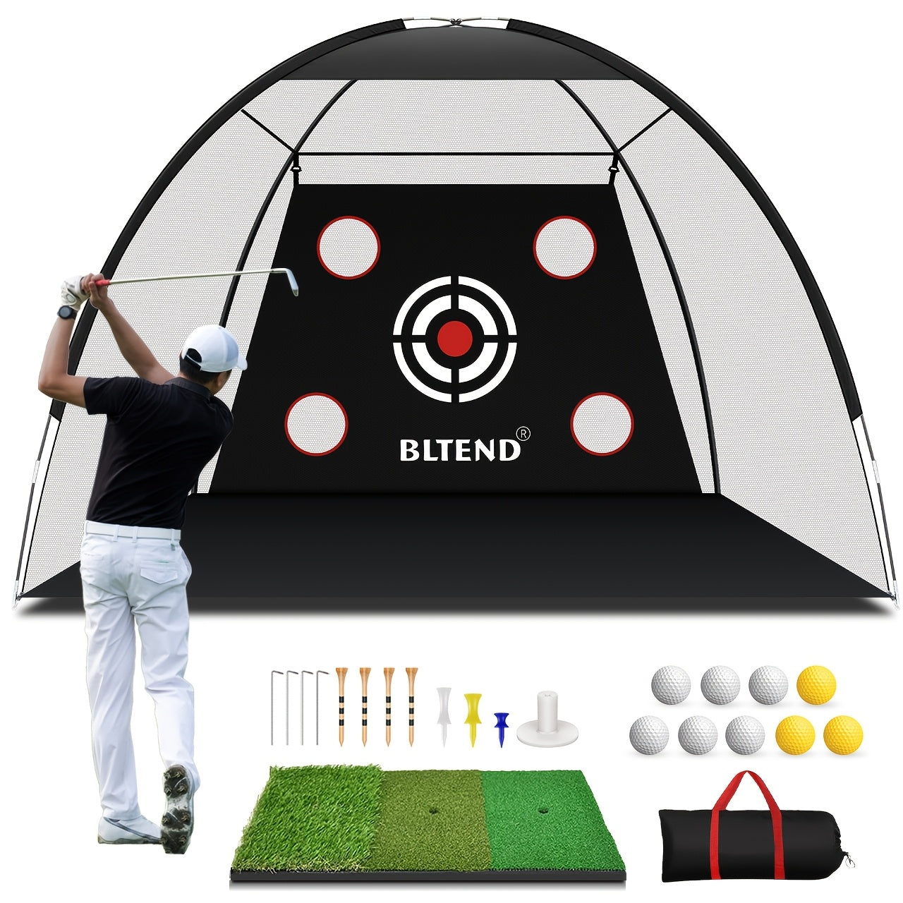 Golf Practice Net with Mat Set 10x7ft – Heavy Duty Backyard Hitting Net with 3-in-1 Turf Mat, Golf Balls & Carry Bag for Indoor & Outdoor Training