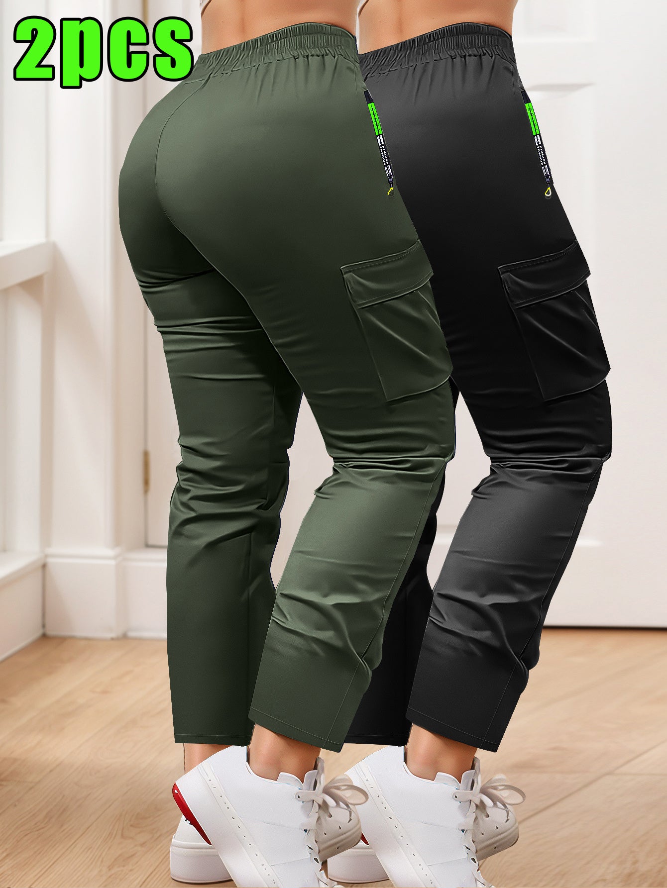 Women's Slim Cargo Pants 2-Pack Multi-Pocket Drawstring Waist Zip Pocket Straight Leg – Casual Trousers for Outdoor Sports Everyday Wear & Dates