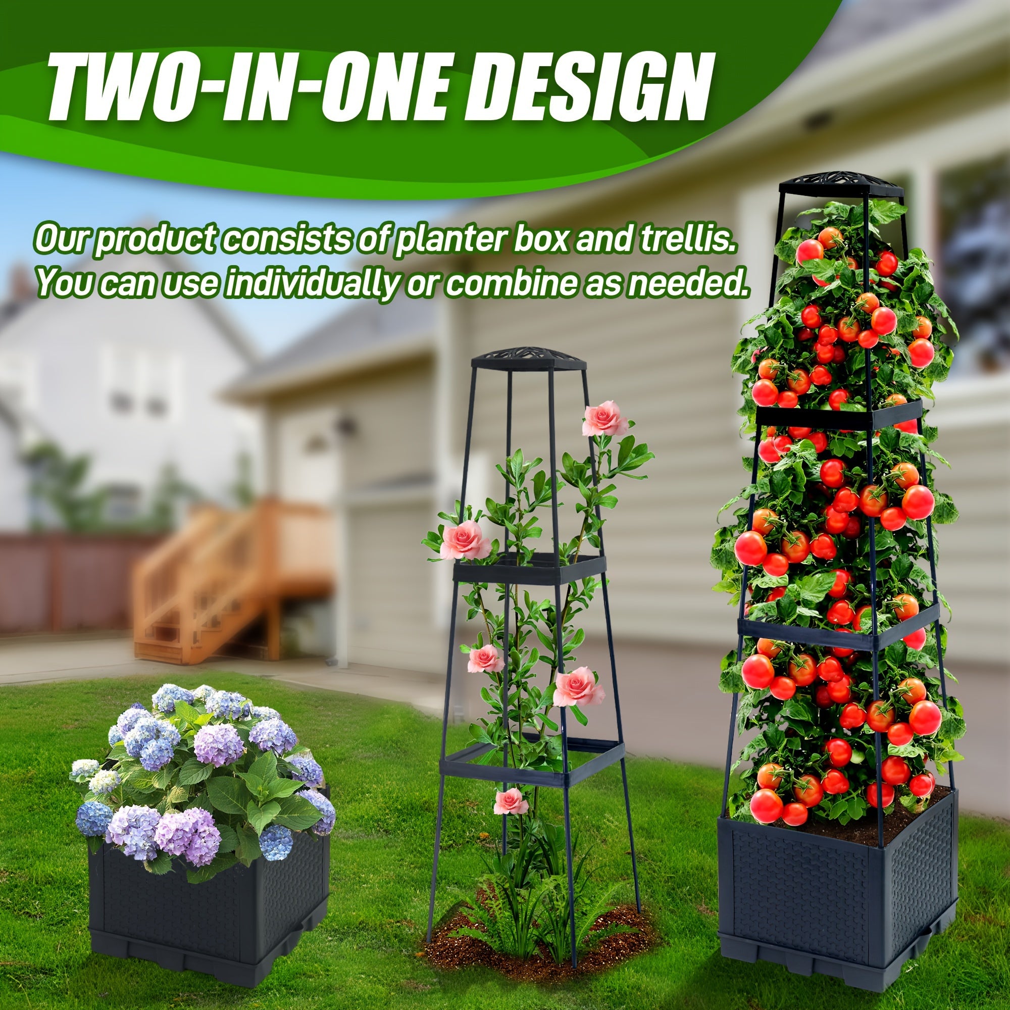 Garden Planting Box with Self-Watering Tomato Cage Lightweight Plastic Stripe Pattern – Indoor Outdoor Climbing Plant Planter 44.8 & 57 Inch 1 or 2 Pack
