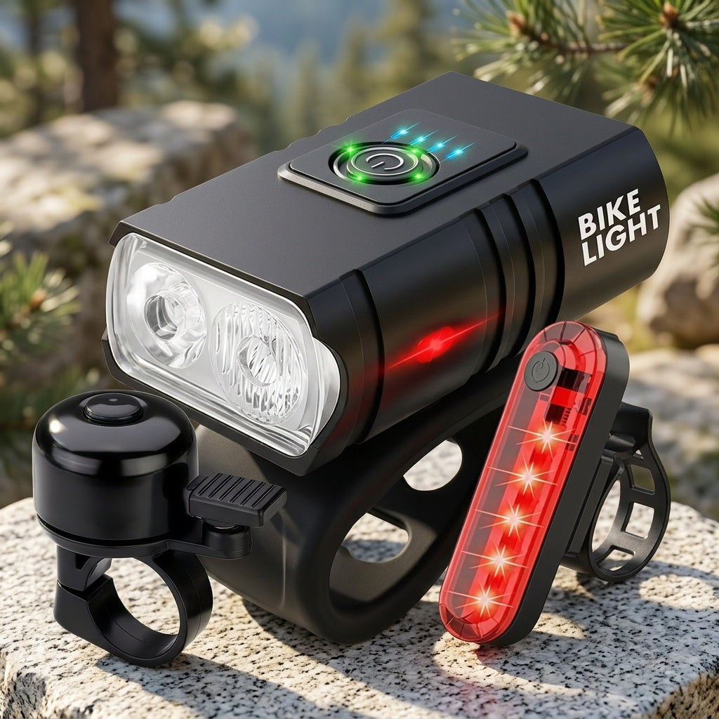 Bicycle Light Set USB Rechargeable – LED Headlight 6 Modes 180° + Taillight + Bell for Night Road Mountain Cycling Safety
