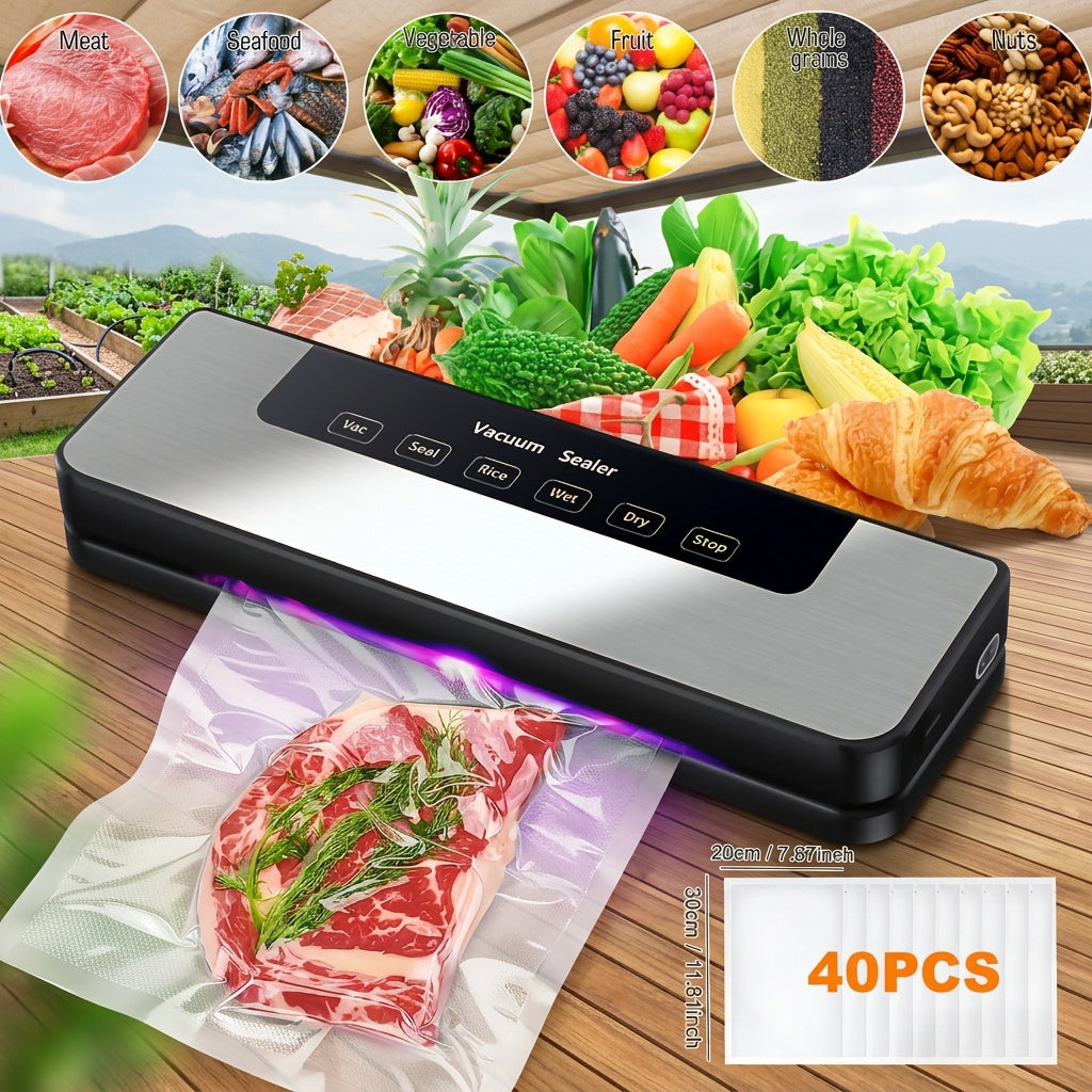 Vacuum Sealer Machine 65KPA 6-in-1 with 40 Bags, Wet & Dry Mode Automatic Food Vacuum Sealing Machine for Food Storage & Preservation, Commercial & Household Kitchen Food Saver