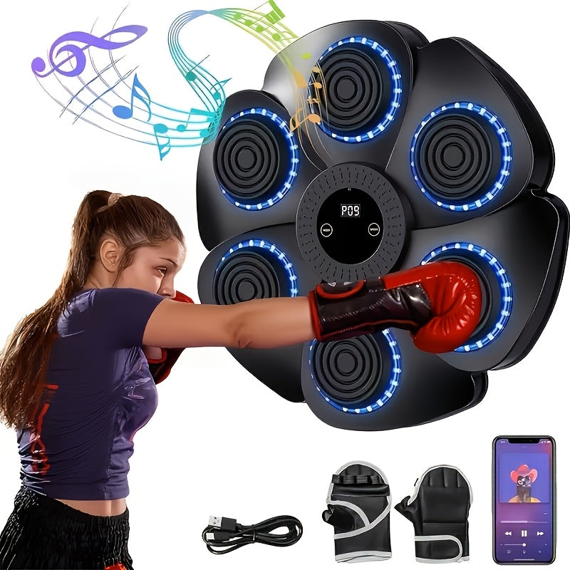 Wall-Mounted Wireless Boxing Machine 9-Speed Adjustable Punch Trainer with Counter LED Lights & Wireless Music – 6 Target Positions Home Gym Boxing Trainer with Gloves – Smart Boxing Pad for Adults