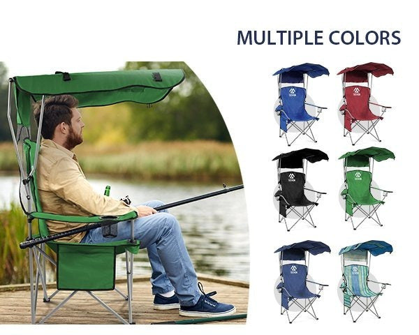 Folding Camping Chair with Canopy Sunshade Portable Beach Chair – 225 lbs Support Wide Seat Cup Holder Carrying Bag for Outdoor Lawn