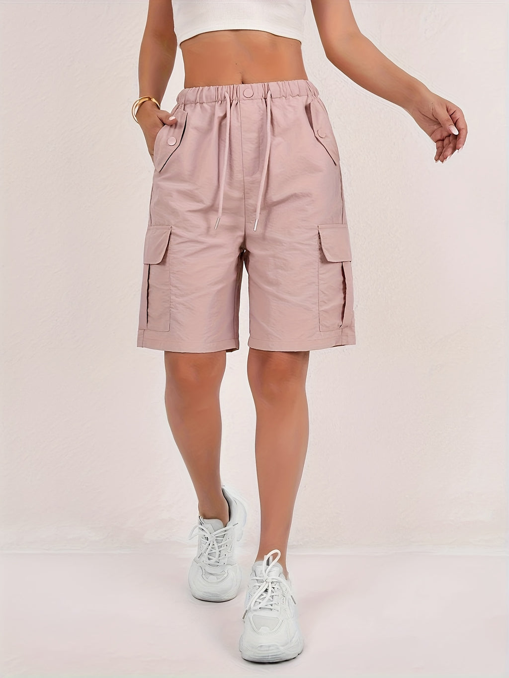 Women's Cargo Shorts 2-Pack - Lightweight Straight-Leg Mid-Thigh Bermuda Shorts with Multiple Pockets & Adjustable Drawstring Waist, Machine Washable Casual Outdoor Shorts S-XXL