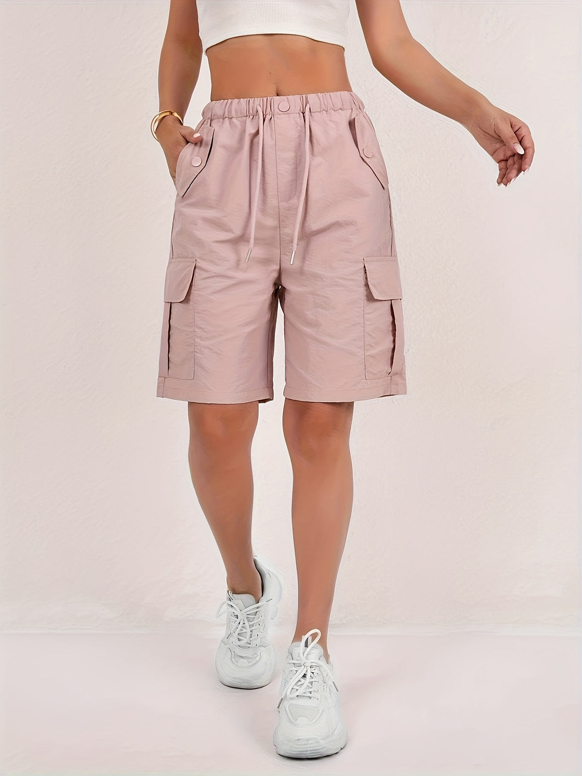 Women's Cargo Shorts 2-Pack - Lightweight Straight-Leg Mid-Thigh Bermuda Shorts with Multiple Pockets & Adjustable Drawstring Waist, Machine Washable Casual Outdoor Shorts S-XXL
