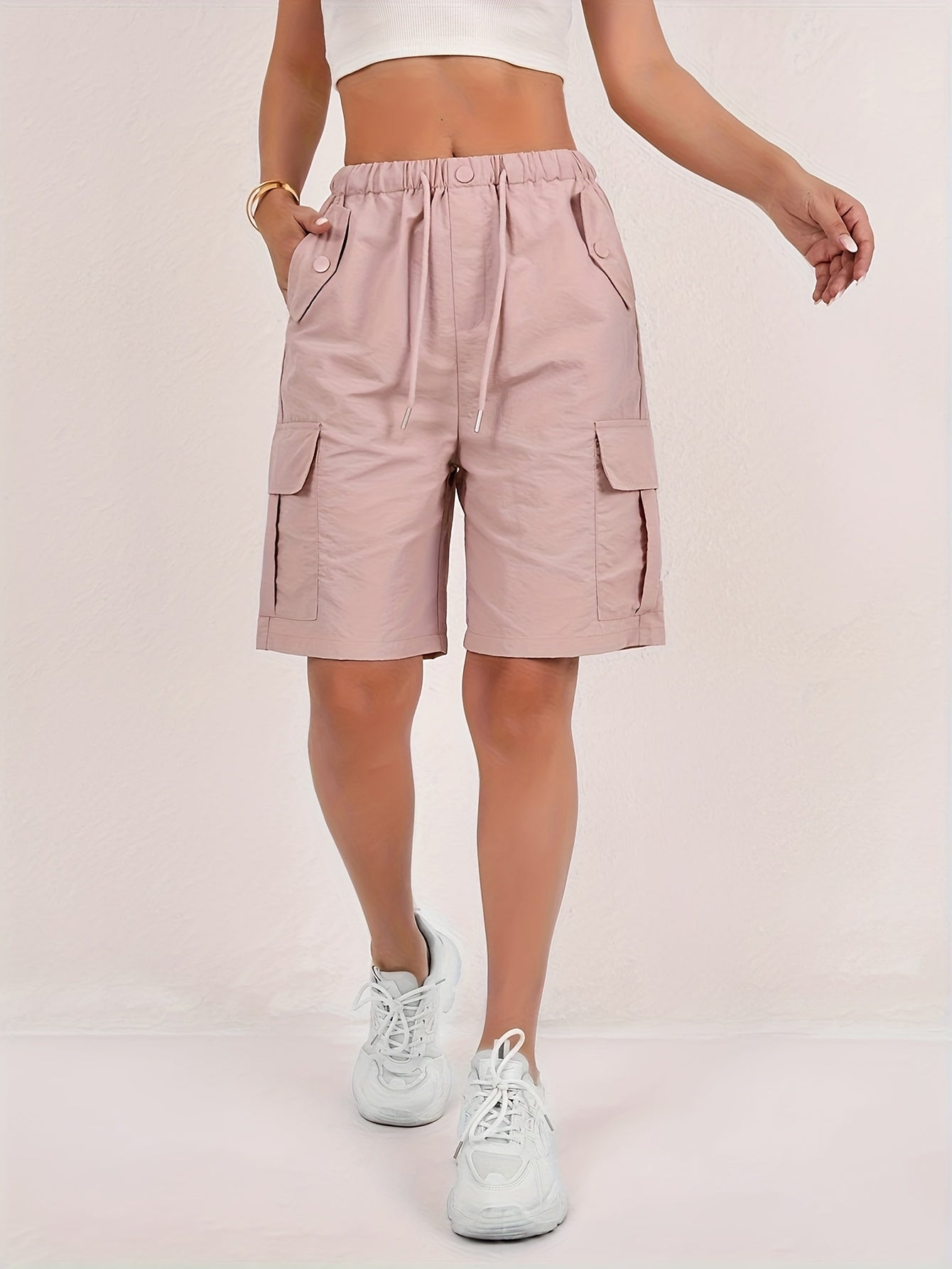 Women's Cargo Shorts 2-Pack - Lightweight Straight-Leg Mid-Thigh Bermuda Shorts with Multiple Pockets & Adjustable Drawstring Waist, Machine Washable Casual Outdoor Shorts S-XXL