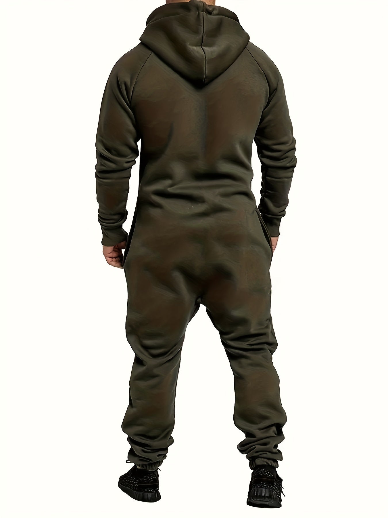 Men's Hooded Fleece Lined Jumpsuit Full Zip – Long Sleeve One Piece Romper with Kangaroo Pocket for Casual Sports Travel Fall Winter, Black Fern Green Red, S-XXXL
