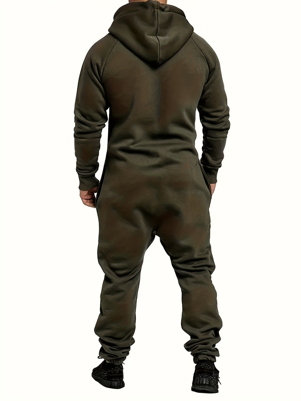 Men's Hooded Fleece Lined Jumpsuit Full Zip – Long Sleeve One Piece Romper with Kangaroo Pocket for Casual Sports Travel Fall Winter, Black Fern Green Red, S-XXXL