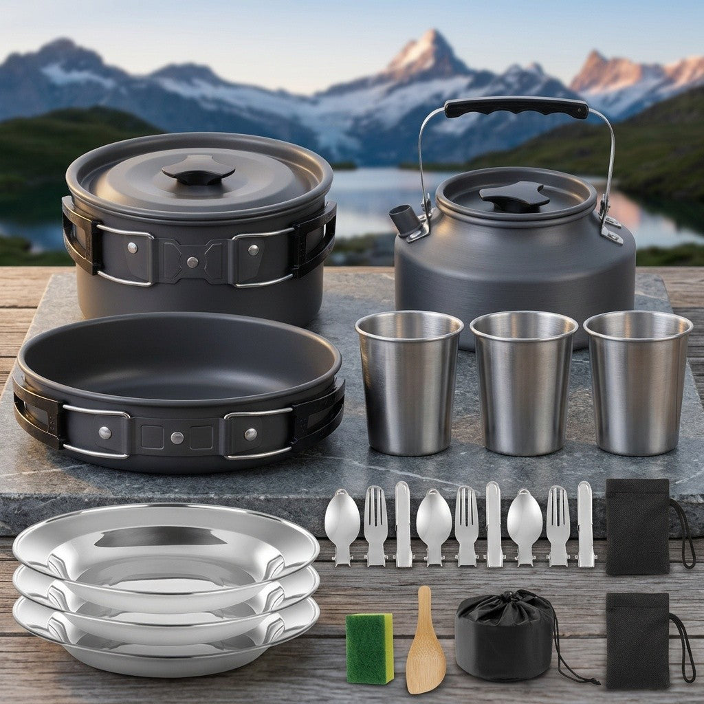 Portable Camping Cookware Set for 2-3 People - Pot Frying Pan Kettle with Cutlery - Foldable Space-Saving Outdoor Cooking Kit for Camping Hiking Backpacking - Lightweight Camp Kitchen Set