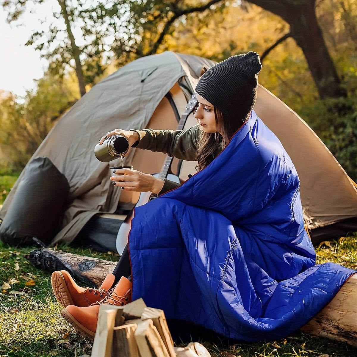 Camping Blanket Puffy Waterproof Foldable Lightweight Warm Outdoor Blanket with 3D Eye Mask for Camping Hiking Travel Stadium Beach 55x79in