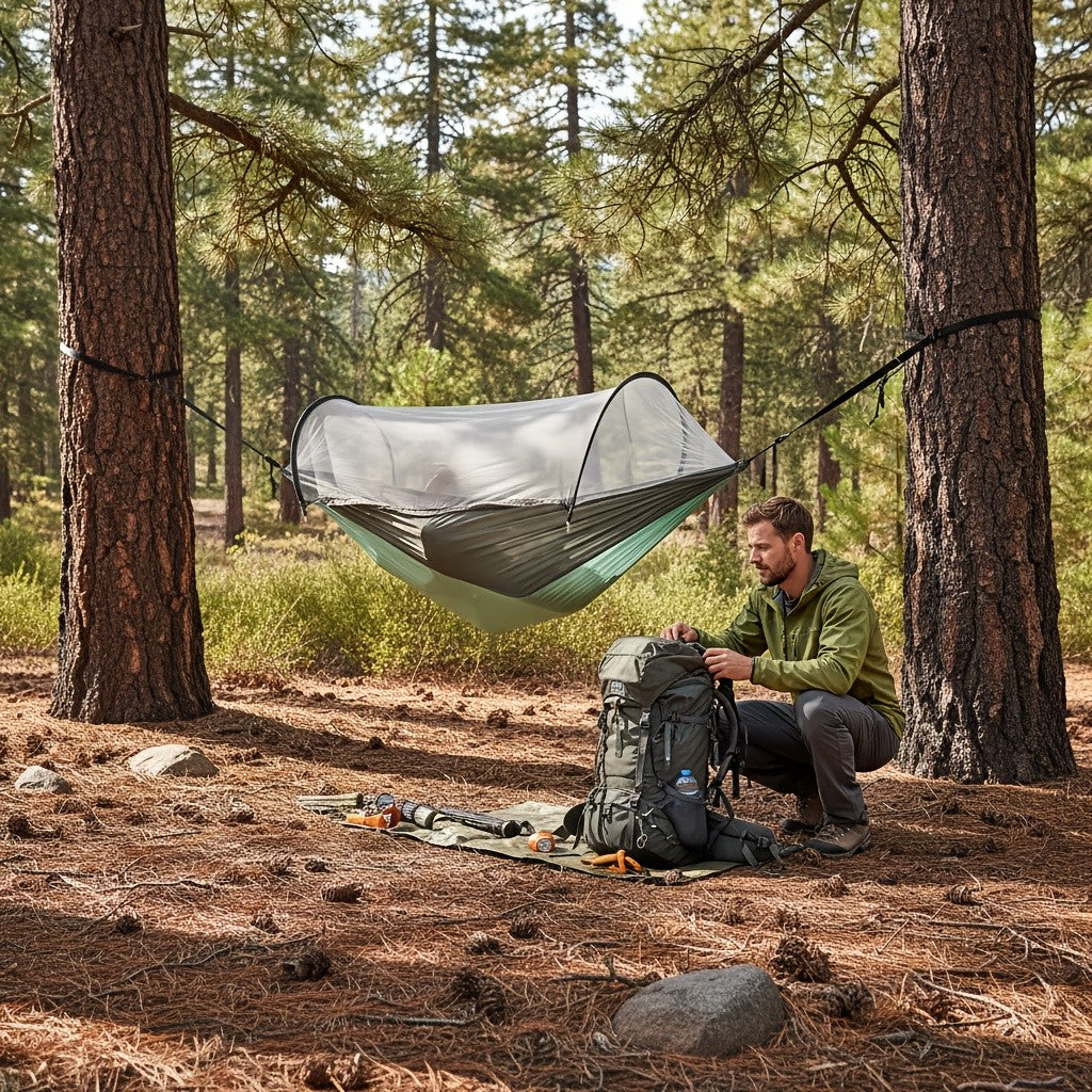 3-in-1 Double Camping Hammock with Mosquito Net and Sun Shade Durable Lightweight Portable for Camping Hiking Backpacking Picnic Garden Patio Park Outdoor Adventures