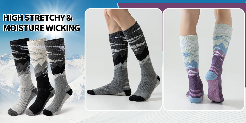 3-Pack Wool Ski Socks Knee High Thermal Winter Socks for Men & Women – Thick Warm Striped Socks for Skiing, Snowboarding & Outdoor Sports, M/L