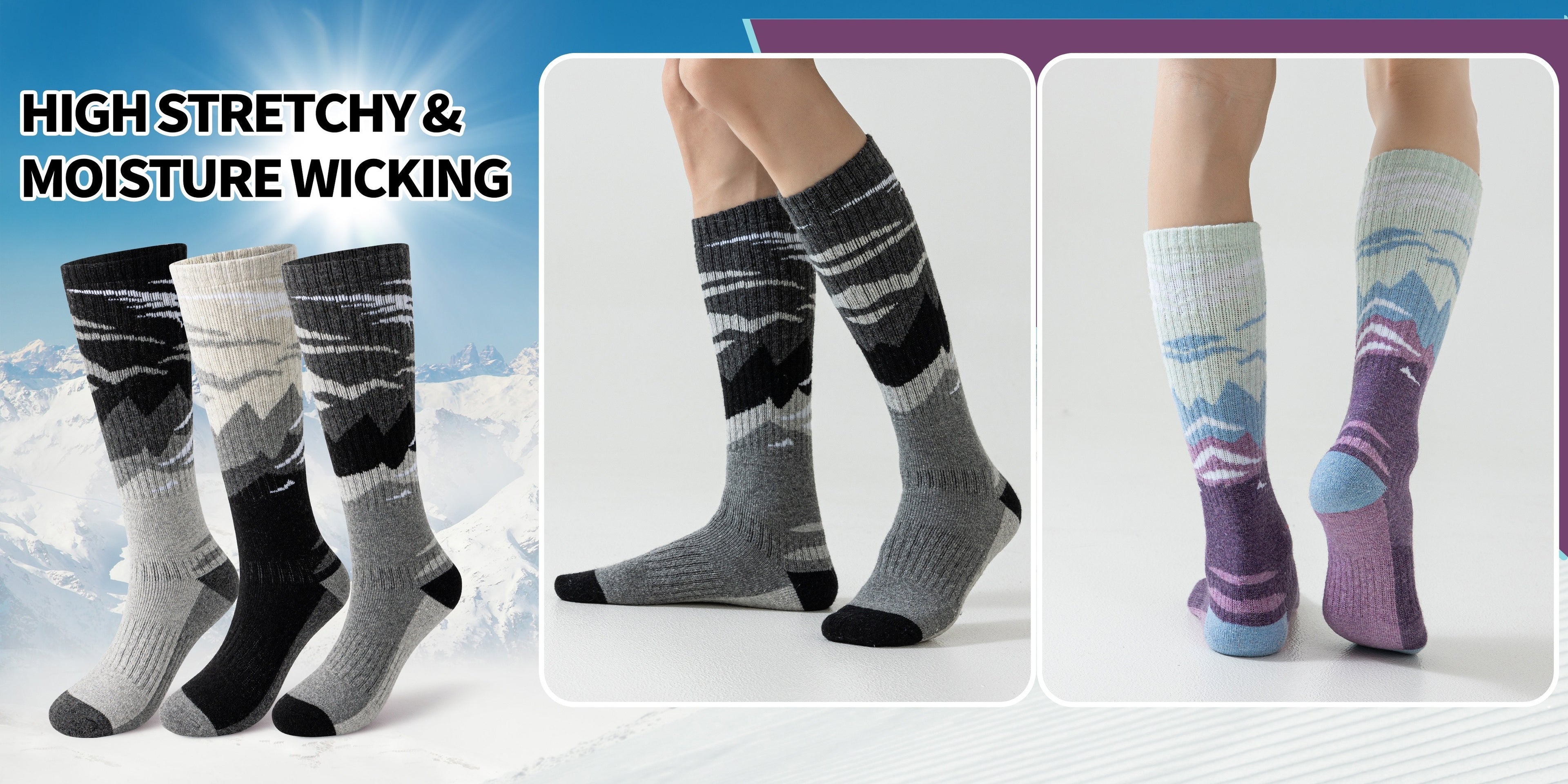 3-Pack Wool Ski Socks Knee High Thermal Winter Socks for Men & Women – Thick Warm Striped Socks for Skiing, Snowboarding & Outdoor Sports, M/L