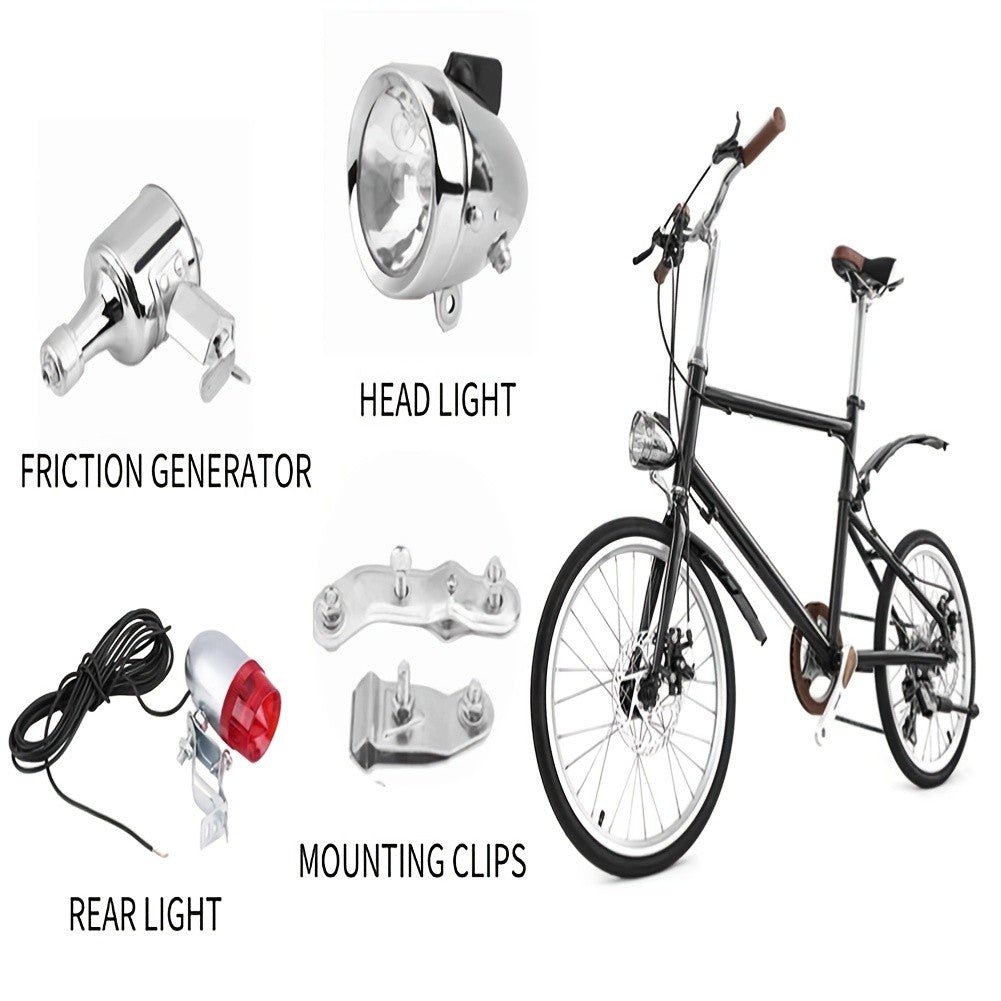 Bicycle Dynamo Headlight Tail Light Kit 12V 6W Friction Generator No Battery Bike Light Set for Mountain Road BMX Folding Electric Kids Cruiser Bikes – Silver
