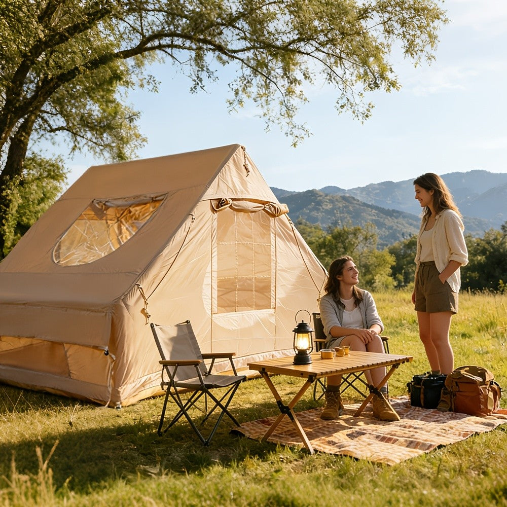 Inflatable Glamping Tent for 4-6 Person – 4-Season Large Luxury Air Tent with Optional Skylight & Stove Jack, Manual Pump Included, Windproof Family Camping Shelter (6.3-12 sqm)