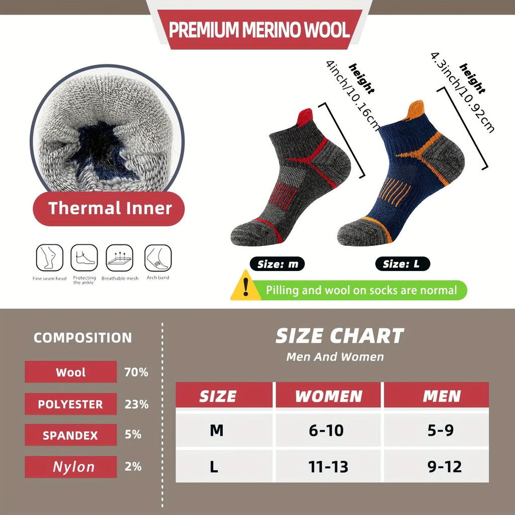 Merino Wool Hiking Ankle Socks 6 Pairs – Low Cut Thick Cushion Sweat-Absorbing Breathable for Running Work Outdoor Men Women M/L