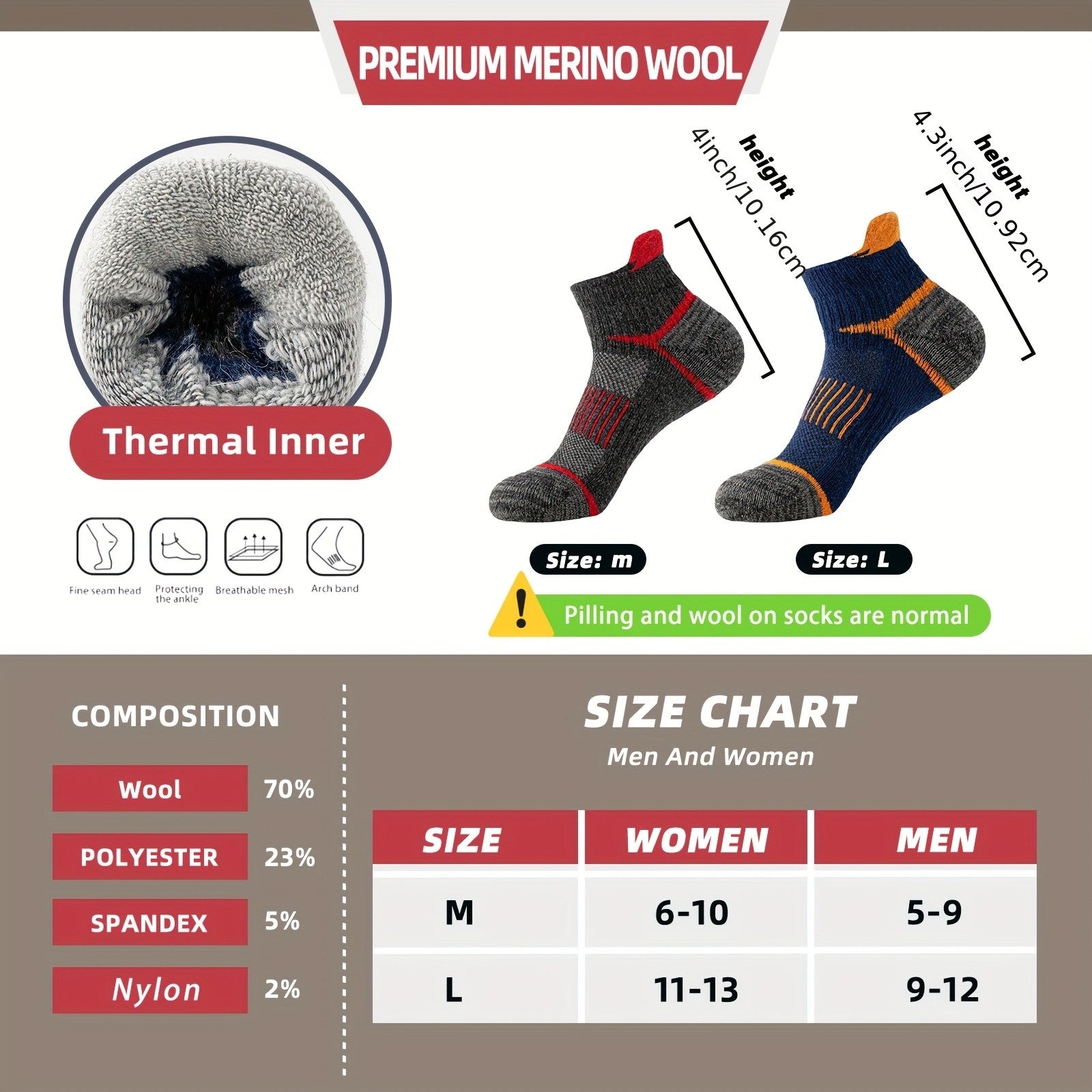 Merino Wool Hiking Ankle Socks 6 Pairs – Low Cut Thick Cushion Sweat-Absorbing Breathable for Running Work Outdoor Men Women M/L