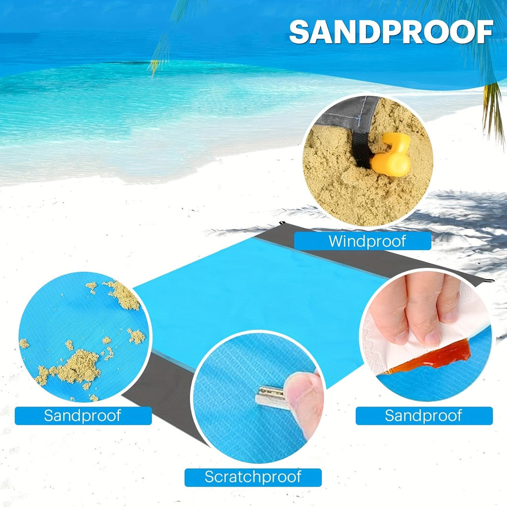 Sand-Proof Beach Blanket Extra Large – Foldable Polyester Beach Mat with 4 Corner Stakes, Lightweight Portable for Beach Camping Picnic Hiking Travel