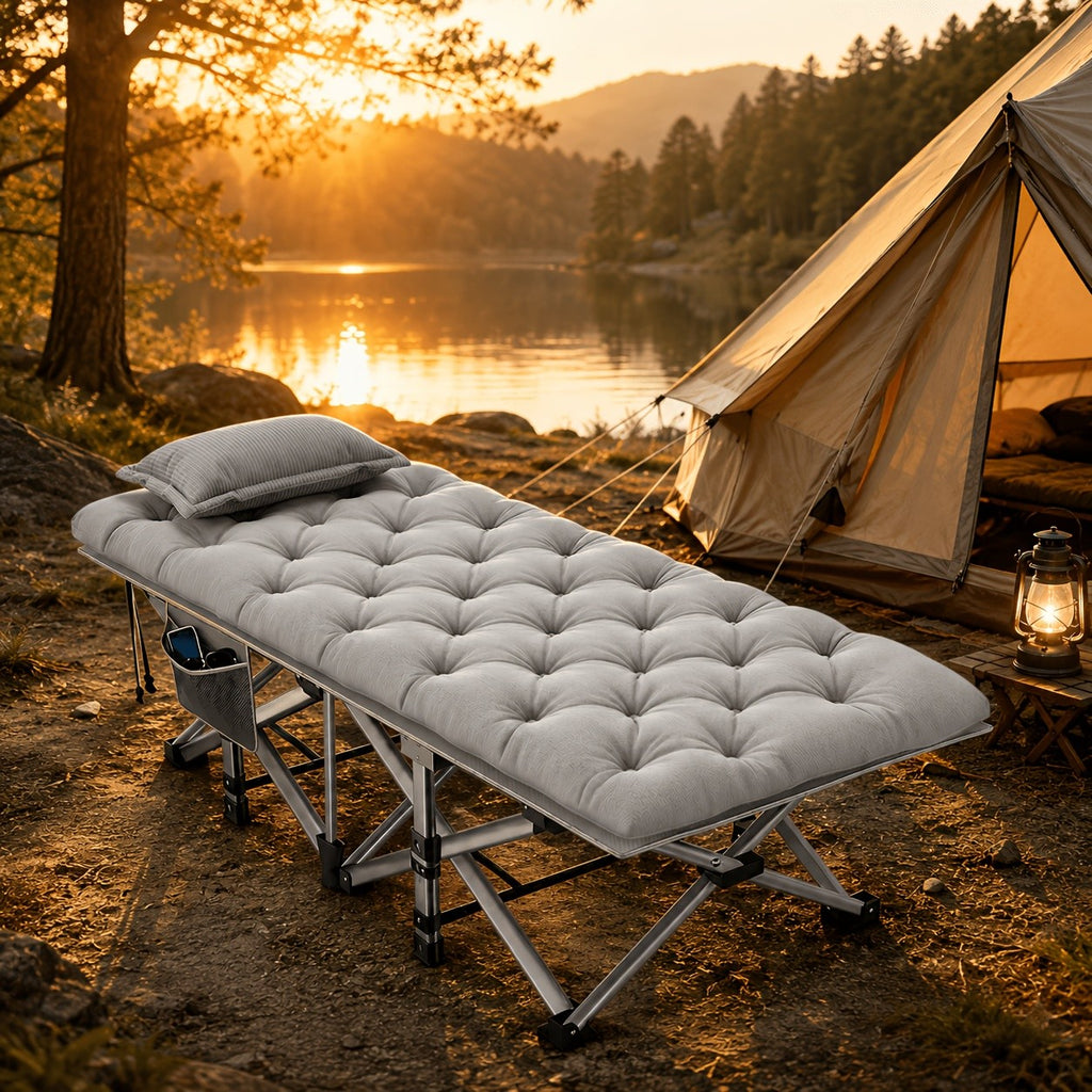 Folding Camping Cot with Mattress & Side Pockets - Heavy Duty Portable Adult Sleeping Bed, Foldable Guest Cot for Camping, Backyard, Patio, Office & RV, Compact Easy Fold