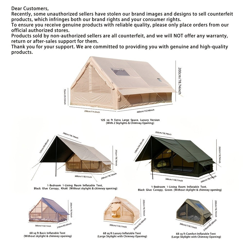 Inflatable Glamping Tent for 4-6 Person – 4-Season Large Luxury Air Tent with Optional Skylight & Stove Jack, Manual Pump Included, Windproof Family Camping Shelter (6.3-12 sqm)