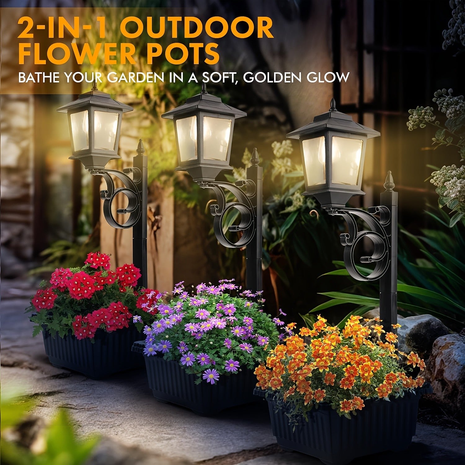 Solar Flower Pot Lamp Post Light Outdoor 2-in-1 – Glass Lampshade & Bulb, IP44 Waterproof, Wall Mount or Floor Standing, Decorative Garden Patio Lawn Front Door Light (1 or 2 Pack)