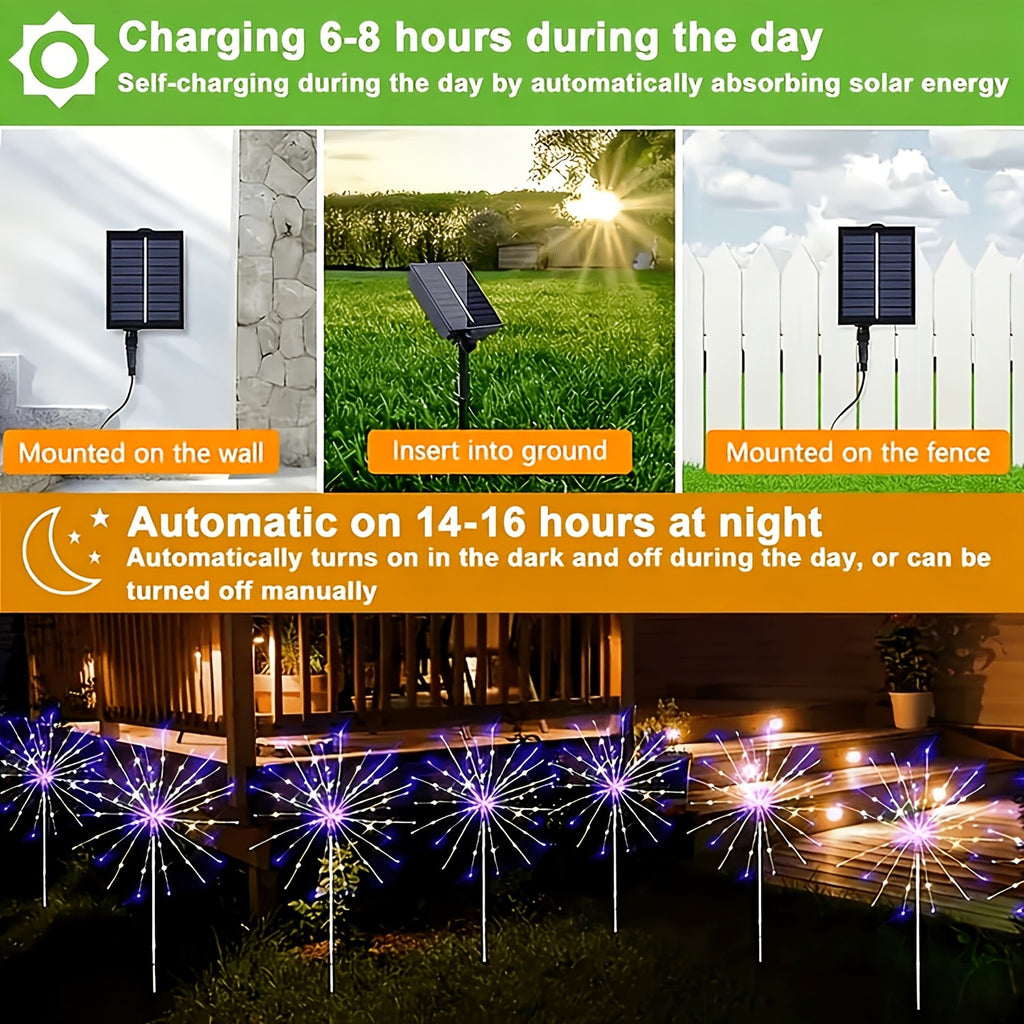 Solar Firework Lights Outdoor 8-Pack – 480 LED, IP65 Waterproof, 8 Lighting Modes, Solar Powered Stake Lights for Garden, Lawn, Pathway & Patio | Christmas, Halloween & Holiday Decor
