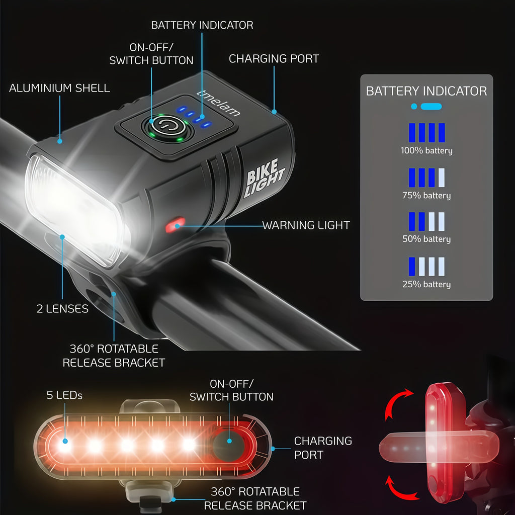 Bicycle Light Set USB Rechargeable – LED Headlight 6 Modes 180° + Taillight + Bell for Night Road Mountain Cycling Safety