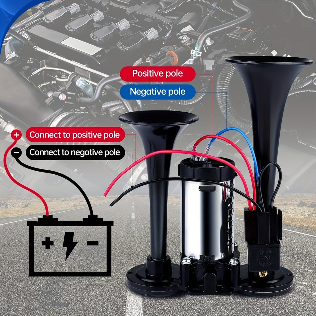 Air Horn Kit 12V 24V Ultra Loud 105-137dB Dual Trumpet Horn with Air Compressor for Truck SUV Motorcycle Boat Train Car Pickup Aluminum Alloy Universal