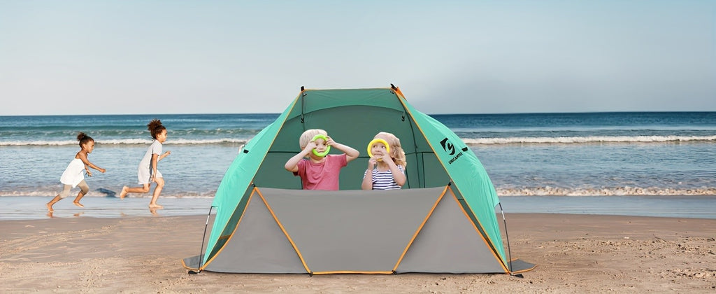 Beach Tent 3 Person UPF 50+ Sun Shelter with Waterproof PE Floor & Mesh Windows – Portable Pop Up Shade Canopy for Camping Fishing Yard