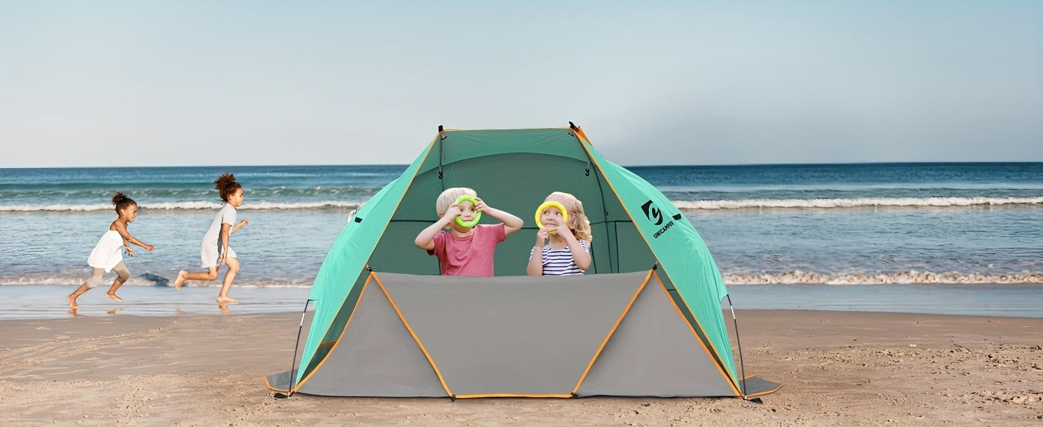 Beach Tent 3 Person UPF 50+ Sun Shelter with Waterproof PE Floor & Mesh Windows – Portable Pop Up Shade Canopy for Camping Fishing Yard