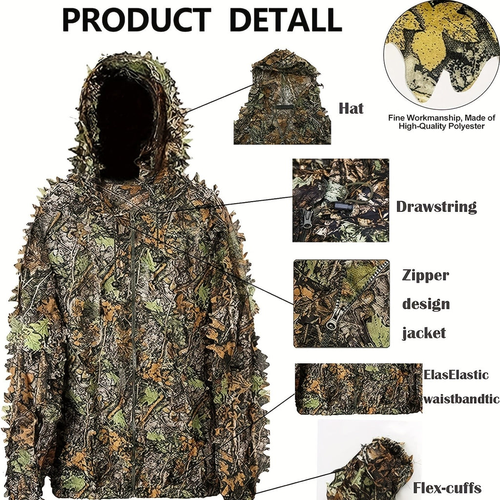 Ghillie Suit 3D Leaf Camouflage Hunting Suit Lightweight Breathable Camo Outfit for Men Hunting Wildlife Photography Outdoor Training Spring Summer Fall Sizes M-XXL