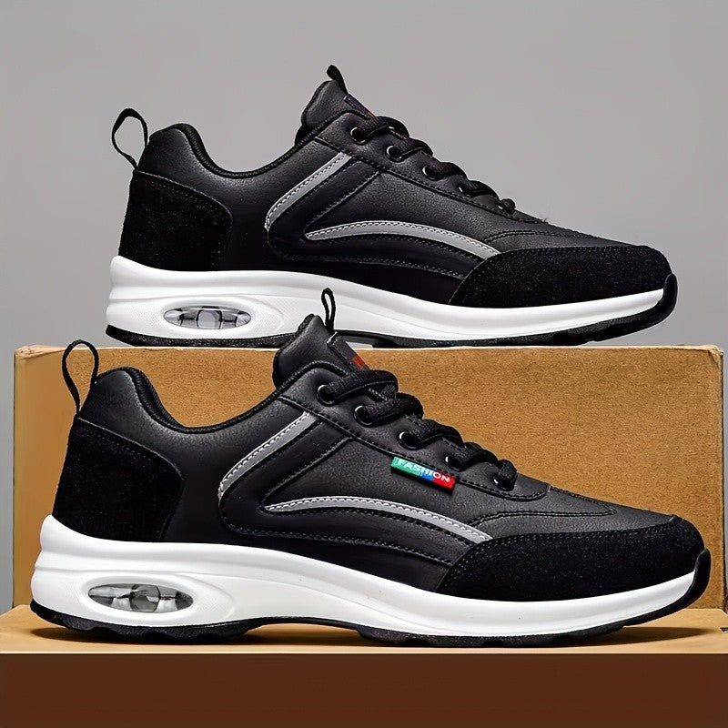Men's Fashion Sneakers Lace-Up Non-Slip Soft Sole Casual Running Shoes PU Leather Comfortable Outdoor Athletic Footwear