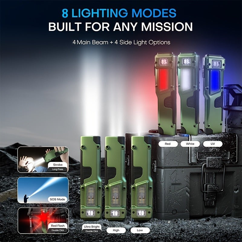 EDC Flat Rechargeable Flashlight 3000 Lumen UV LED Tactical Torch – 8 Modes Digital Display Aluminum Body Long Range for Camping Hiking Emergency Gift for Men