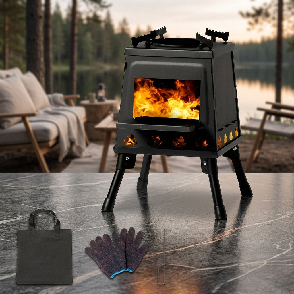 Wood Burning Camp Stove Portable Heavy Duty Outdoor Campfire Stove Sturdy Legs Air Vents Firewood BBQ Hiking Backpacking Picnic Travel No Electricity Needed